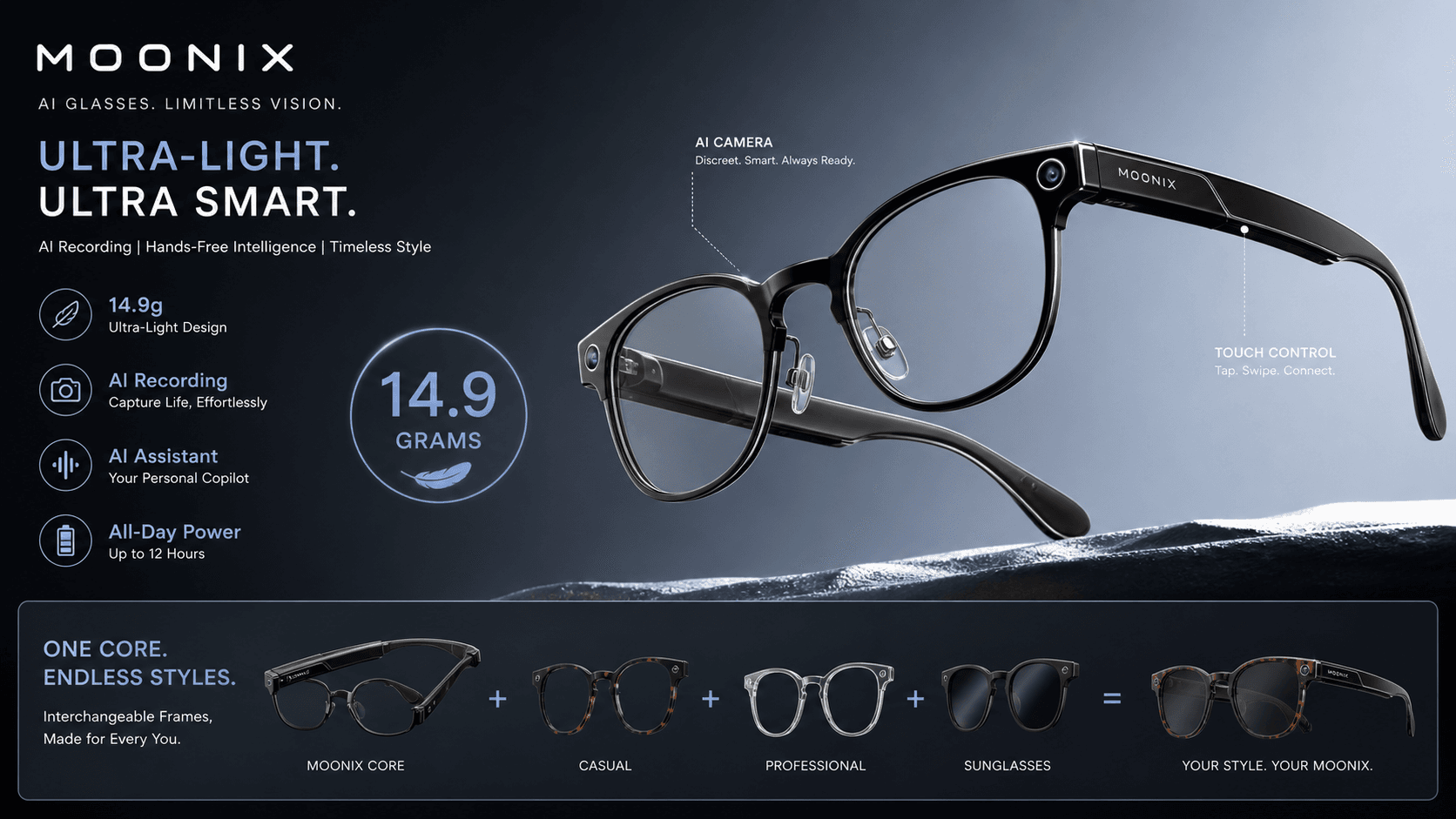 Moonix Launches World's Lightest 14.9g AI Recording Glasses
