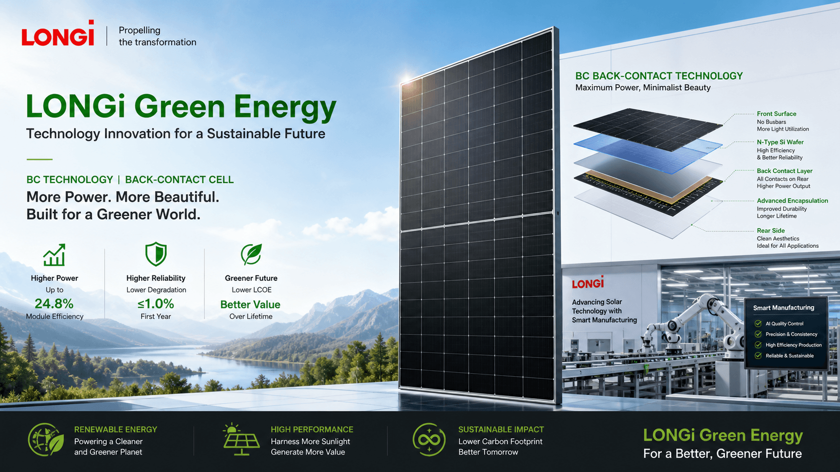 LONGi Green Energy Plants a Technology Forest on BC Cells: ACM Silver-Free Contact, Integrated Conductive Backsheet Lead Beyond 690W Modules