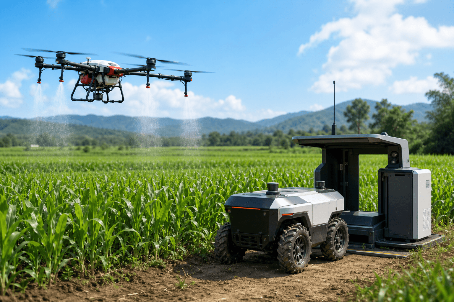 Konut bölgesindeki bırakma noktasının üzerinde havada asılı duran otonom teslimat drone'u