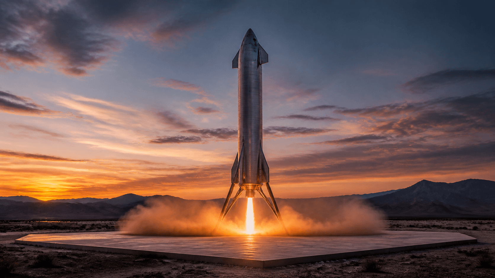 A rocket first stage standing upright on a concrete landing pad in a desert landscape after a controlled descent.