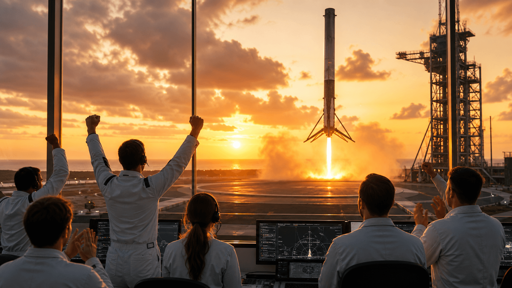 A rocket first stage standing upright on a landing pad with deployed landing legs after daytime recovery.